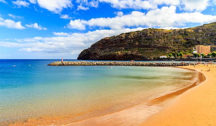 Photo of best sandy beach on Madeira island, Machico, Portugal.