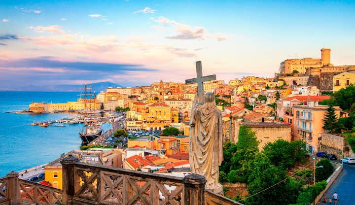 Panoramic view of Gaeta from Monte Orlando, Lazio, Italy. Cityscape of Gaeta town and statue of Saint Francesco. 