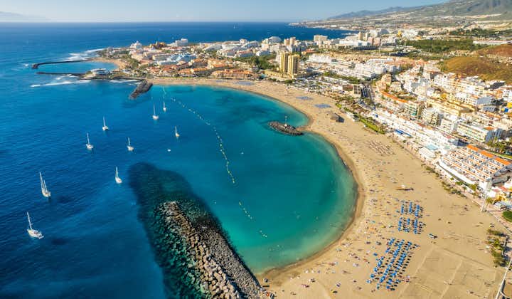 Aerial view of the Fuente Playa de Las Vistas beach in Los Cristianos resort town in Tenerife, Canary Islands, Spain. Popular tourist destination on Tenerife island