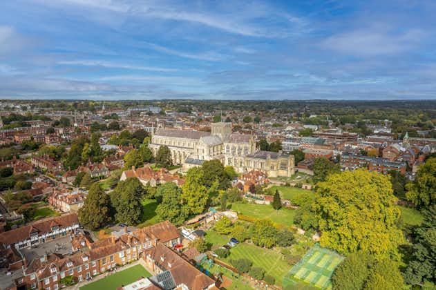 Photo of aerial view of Winchester Cathedral and city, England.