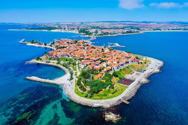 Old Nessebar city, Bulgaria, aerial view from helicopter