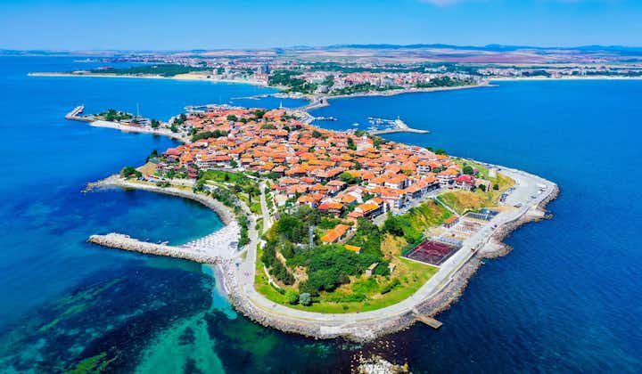 Old Nessebar city, Bulgaria, aerial view from helicopter