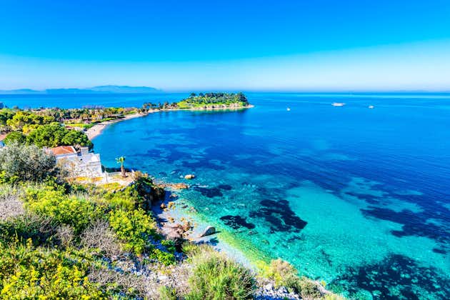 Photo of Kusadasi Coastline view with it's beautiful blue beach in Kusadasi Town of Turkey.