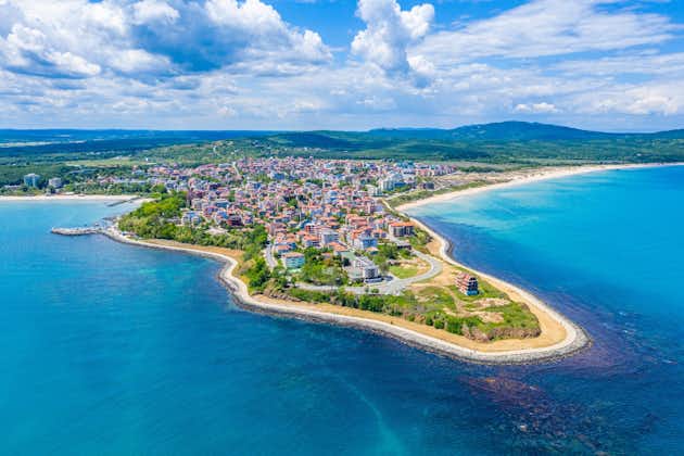 Photo of aerial view of Bulgarian seaside town Primorsko.