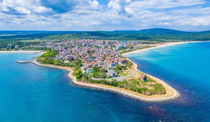 Aerial view of Bulgarian seaside town Primorsko