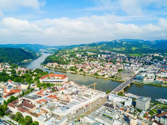 Photo of Linz city centre and Danube river aerial panoramic view in Austria.