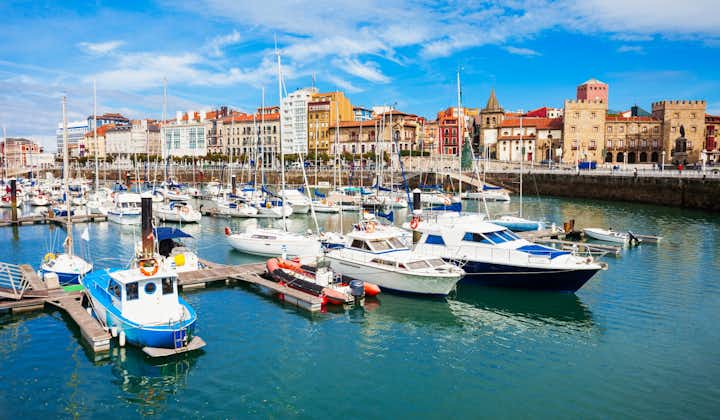 Gijon marina with yachts. Gijon is the largest city of Asturias in Spain.