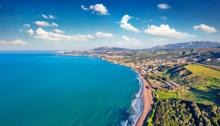 Photo of view from flying drone. Aerial view of Sciacca town and beaches, province of Agrigento.