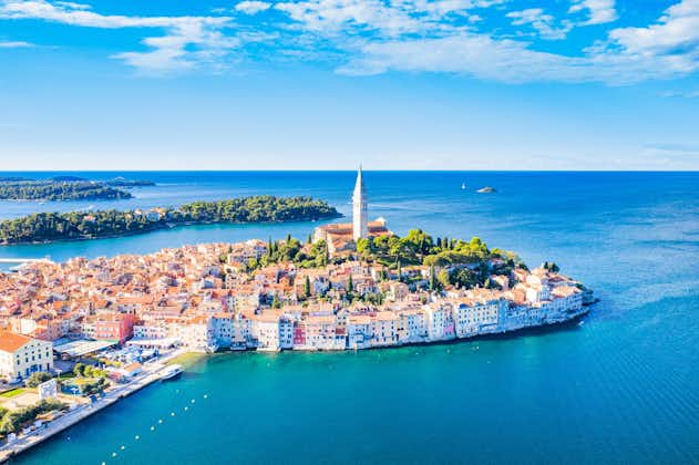 Photo of panoramic aerial view of the beautiful old town of Rovinj on Adriatic sea coastline, Croatia.