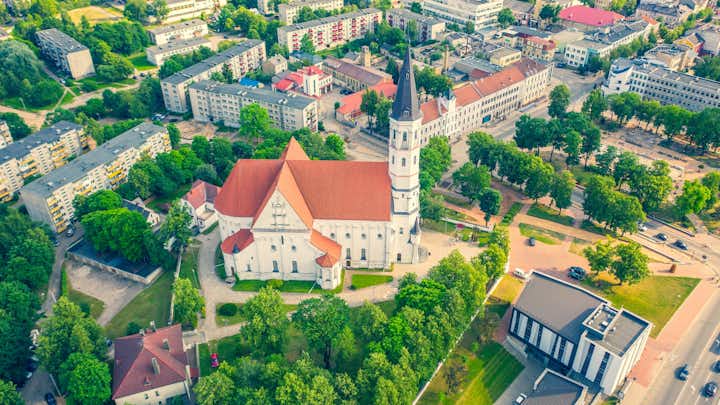 Photo of beautiful aerial panoramic view of Siauliai and the city church on a sunny summer day Siauliai, Lithuania.
