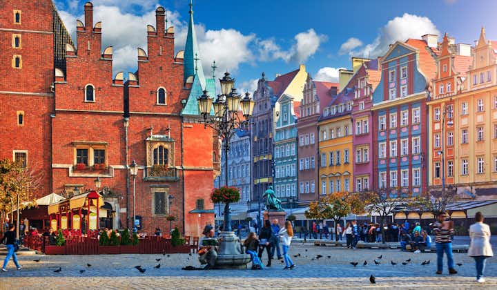 Wroclaw, Poland, market square early in the morning. Colorful cities concept. Travel Europe.