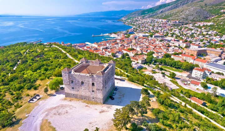 Photo of town of Senj and Nehaj fortress aerial view, Adriatic sea, Primorje region of Croatia.