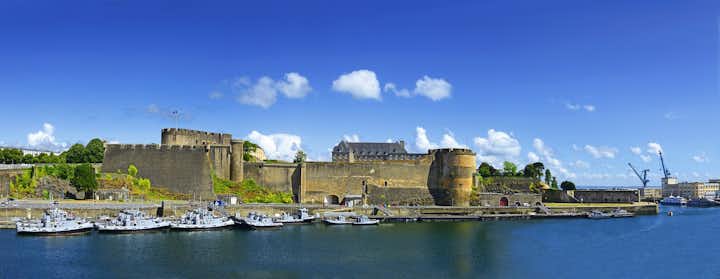 photo of panorama harbor and old castle of city Brest, Finistere, Brittany, France.