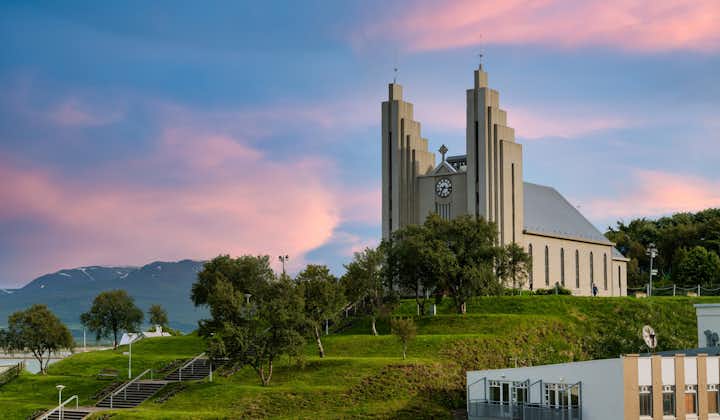 Lutheran Church of Akureyri during golden hour