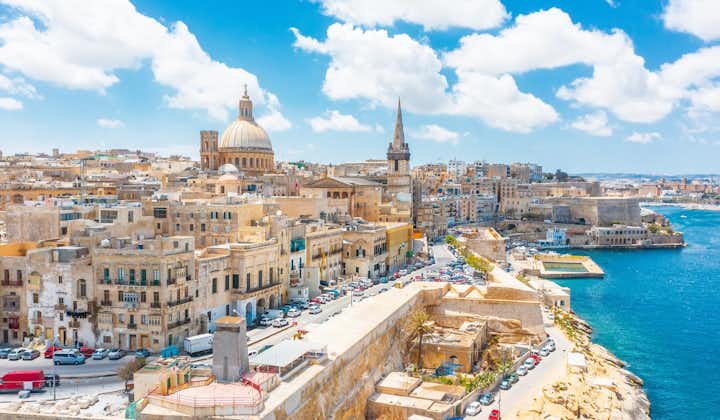 Aerial view of Lady of Mount Carmel church, St.Paul's Cathedral in Valletta embankment city center, Malta