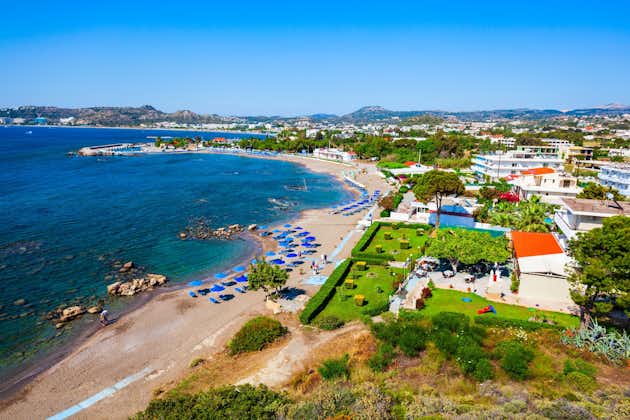 Photo of aerial panoramic view of Faliraki beach in Rhodes island in Greece.