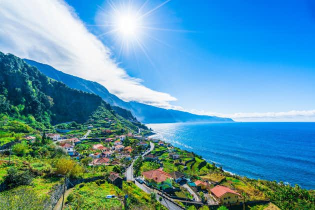 Photo of aerial view on the northern coast by the Atlantic, Boaventura, Ponta Delgada, Madeira, Portugal.