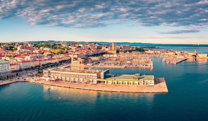 View from flying drone of quay of Trieste city, Italy, Europe. Panoramic morning view of Tourist attraction - Cruise Pier Trieste with Molo Teresiano on background. Traveling concept background.