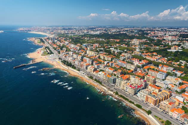 photo of aerial view of the beach in the city of Porto in Matosinhos, Portugal.