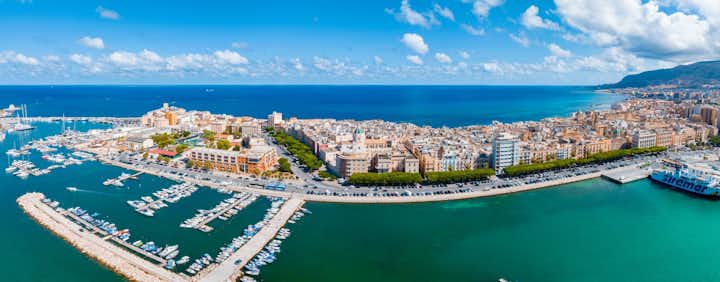 Aerial panoramic view of Trapani harbour, Sicily, Italy. Beautiful holiday town in Italy with traditional and cruise ships.