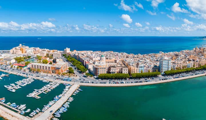 Aerial panoramic view of Trapani harbour, Sicily, Italy. Beautiful holiday town in Italy with traditional and cruise ships.