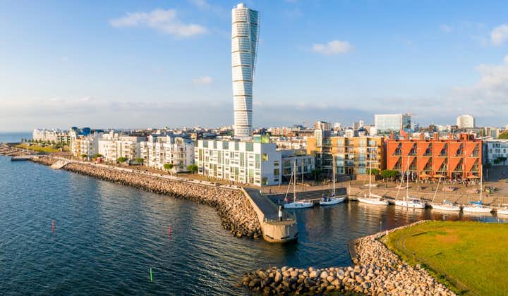 Beautiful aerial view of the Vastra Hamnen (The Western Harbour) district in Malmo, Sweden.
