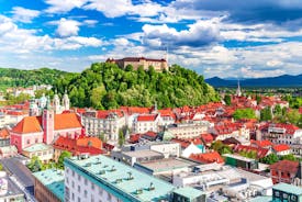 Capital of Slovenia, panoramic view with old town and castle.