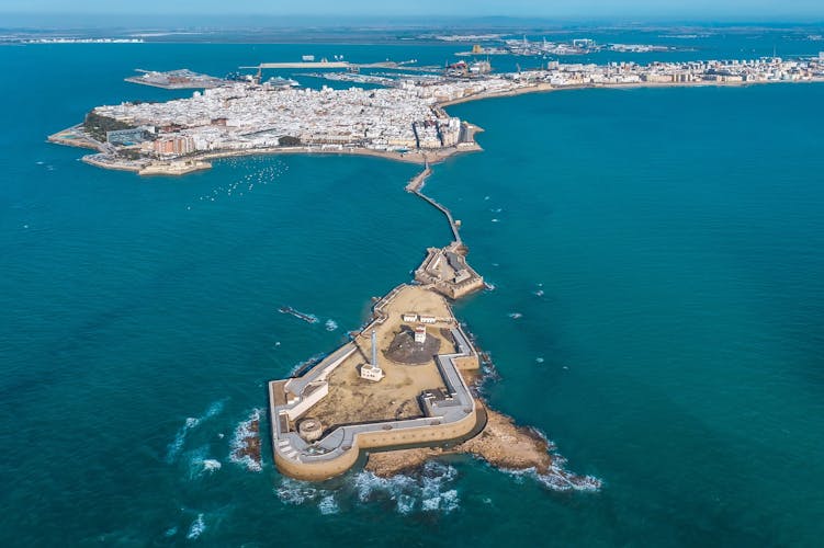 Aerial view of the city of Cadiz and the Castle of San Sebastian..