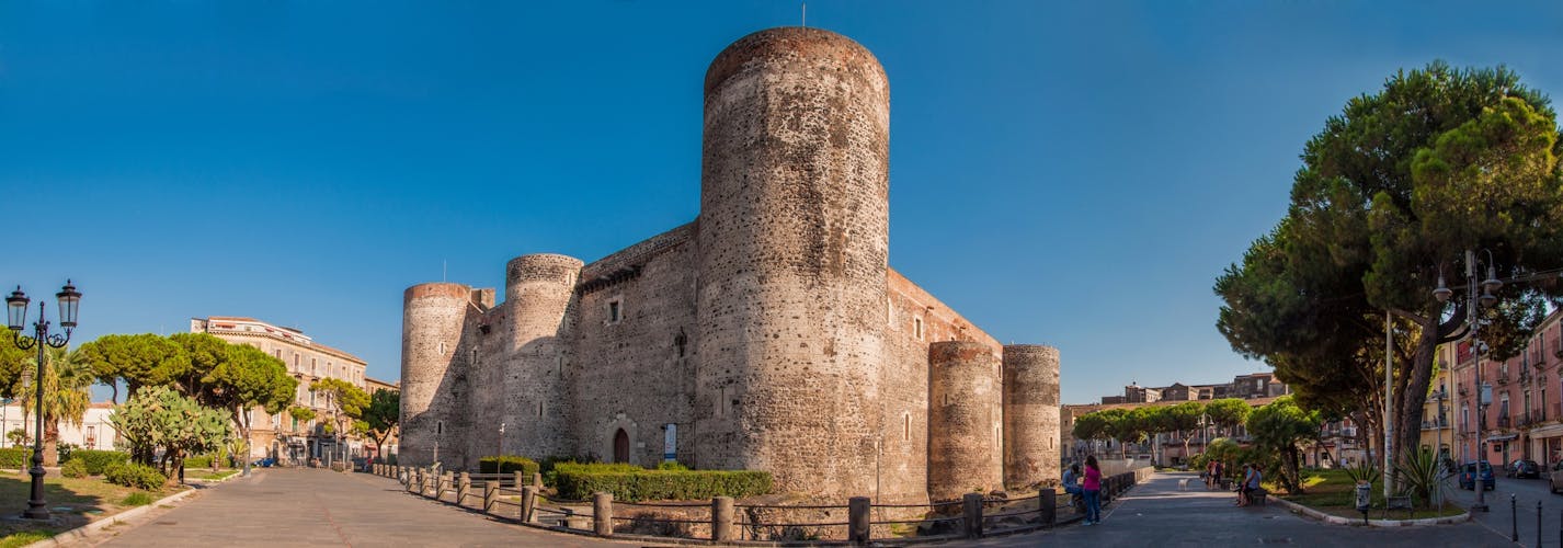 CATANIA, ITALY - SEPTEMBER 13, 2015: Panorama of the Castello Ursino, also known as Castello Svevo di Catania, is a castle in Catania, Sicily, southern Italy.