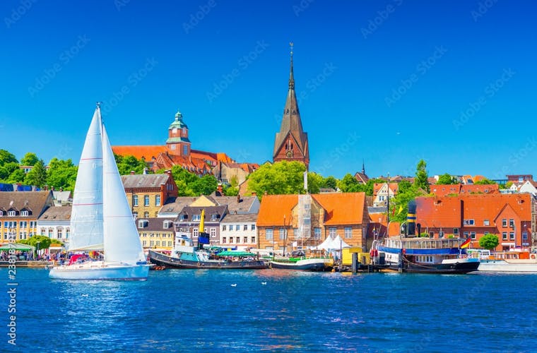 Cityscape of Flensburg. Panorama of a small European town in Northern Germany.