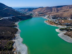 Photo of aerial view of the Earthfill dam (aka Embankment Dam) in Yermasoyia ,Limassol, Cyprus. 