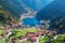 Photo of aerial view to the Uzungol lake famous tourist destination in summer in city of Trabzon ,Turkey.
