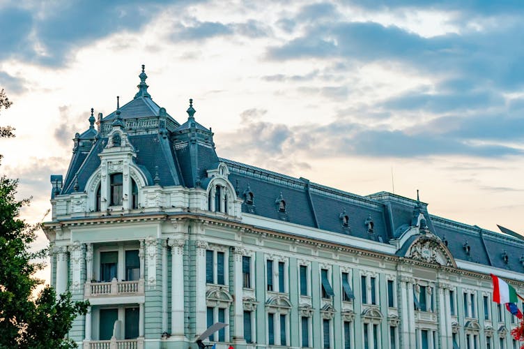 photo of view of View on the historic architecture of Nyiregyhaza, Hungary, Europe on at night with stormy clouds on the sky.