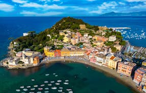 Photo of panoramic aerial view of town Rapallo in Liguria, Italy.