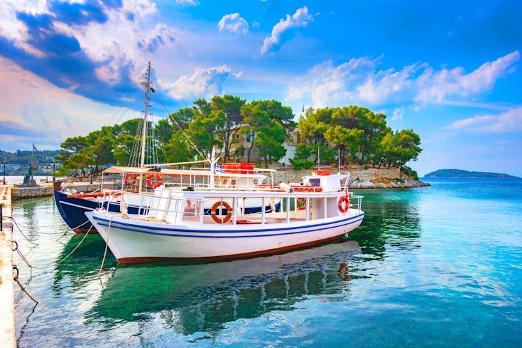 Photo of scenic town of Skiathos Chora in Skiathos island, Sporades, Greece..