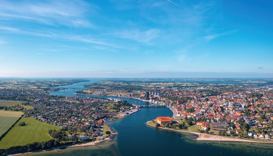 Cityscape of Sonderborg (Sønderborg, Denmark) on sunny summer day. Panoramic aerial view on the city center and castle
