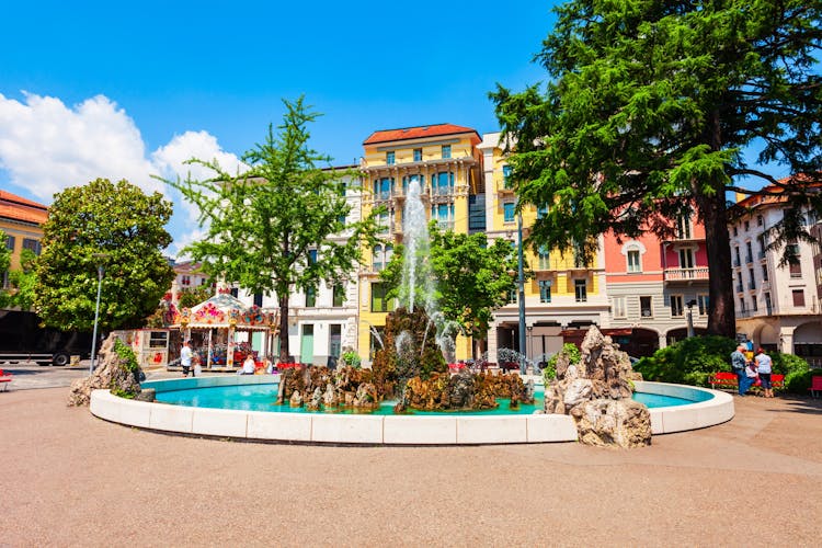 Photo of Fountain at the Piazza Alessandro Manzoni, the main square in Lugano city in canton of Ticino, Switzerland