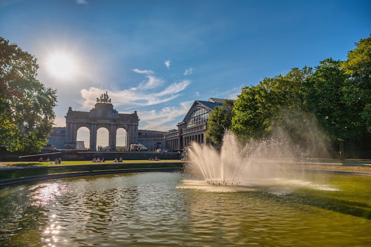  Brussels Belgium, city skyline at Arcade du Cinquantenaire of Brussels (Arc de Triomphe) and Square de la Bouteille.