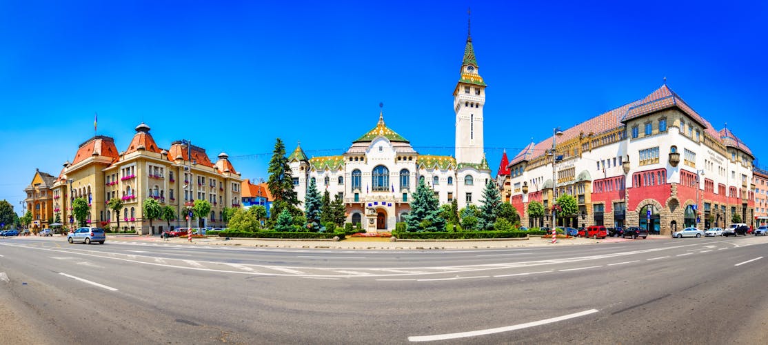 Street view of the Administrative palace and the Culture palace, landmark, Targu-Mures, Romania.