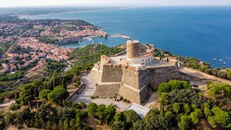 Photo of the Canal and Castle of Perpignan in springtime, Pyrenees-Orientales, France.