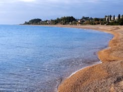 Photo of panoramic aerial view of Skala popular touristic destination in Lesvos island, Aegean sea, Greece.