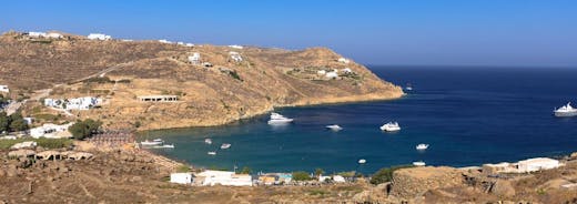 Photo of panoramic view of Town of Ano Mera, island of Mykonos, Cyclades, Greece.