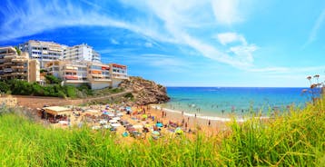 Photo of aerial view of coast at Calafell cityscape with modern apartment buildings, Spain.