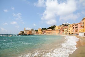 Photo of aerial view of Levanto or Levante, a beautiful fishing village in Liguria, Italy.