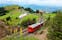 photo of sightseeing train traveling on the cogwheel railway through green grassy meadows on Rigi Kulm Mt. Rigi, with rugged Pilatus peaks among majestic mountains in background on a cloudy summer day in Switzerland.