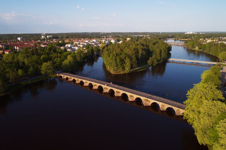 Photo of the Ostra Bron or Eastern bridge, in Karlstad, Sweden. It is Sweden's longest arched stone Bridge.