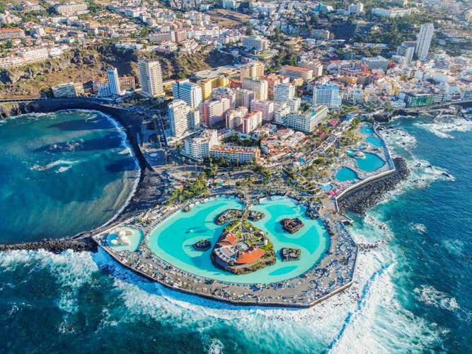 Aerial photographs. View from a flying drone. Panoramic view of Playa de Martiánez beach in Puerto de la Cruz, Tenerife, Canary Islands, Atlantic Ocean, Spain.