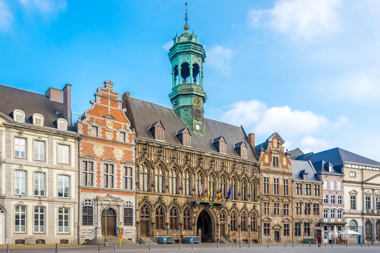 Gothic style City Hall and it's renaissance bell tower on the Grand Place square in Mons, Belgium