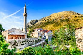 Photo of aerial view of the old bridge and river in city of Mostar, Bosnia and Herzegovina.