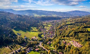 Photo of aerial view of Ustron city on the hills of the Silesian Beskids, Poland.